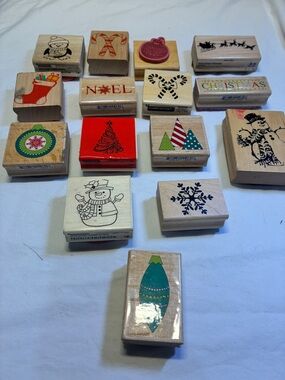 Lot Of 15 Christmas Holiday Winter Wooden Stamps  Snowman Santa